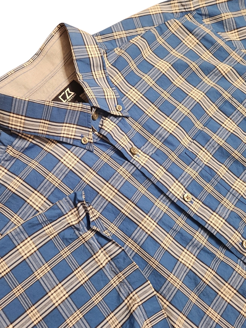 Cutter & Buck Size Large Blue Cream Short Sleeve Plaid Cotton Button-Down Shirt